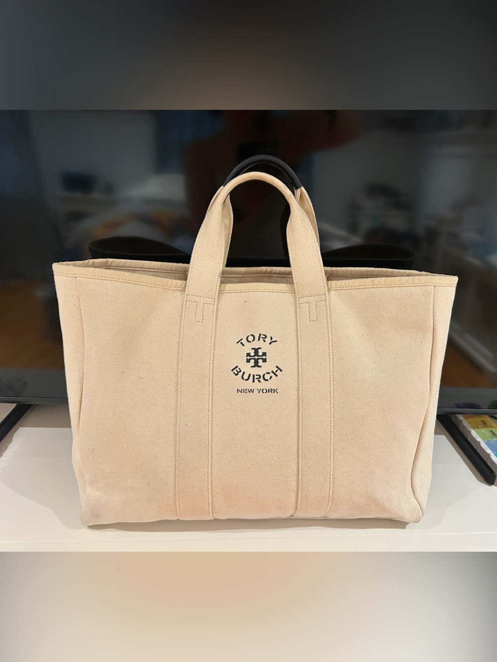 Tory Burch Cream Canvas Logo Tote
